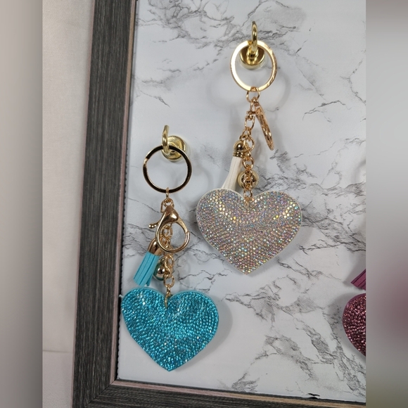 NWOT Rhinestone Heart Keychains or Purse Charm Glitter Crystal Heart with Tassel - Picture 6 of 7